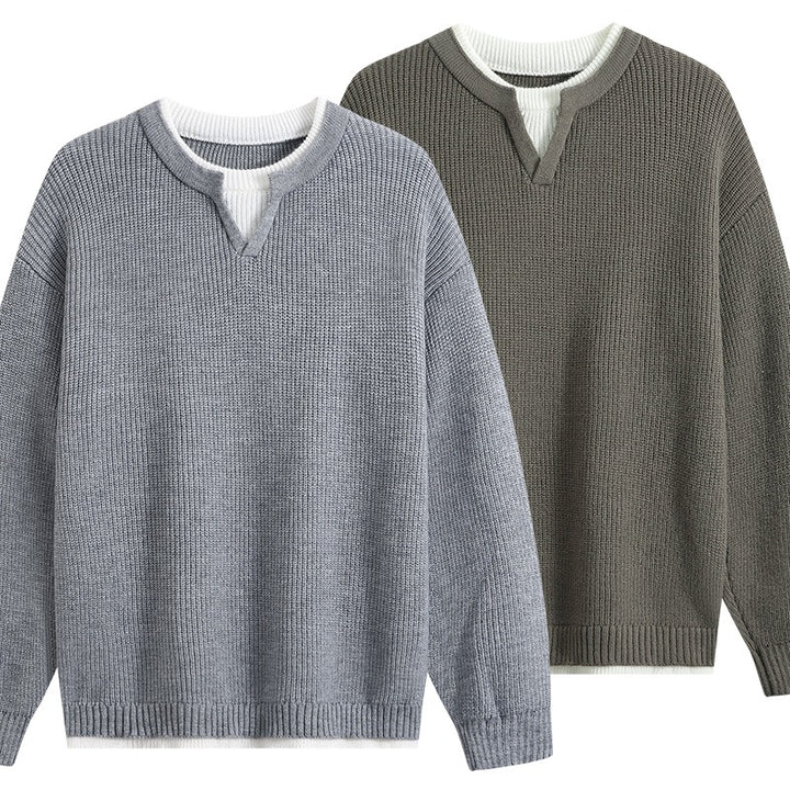 Herren Oversize-Strukturstrick-Pullover mit V‑Einsatz am Rundhals Drune