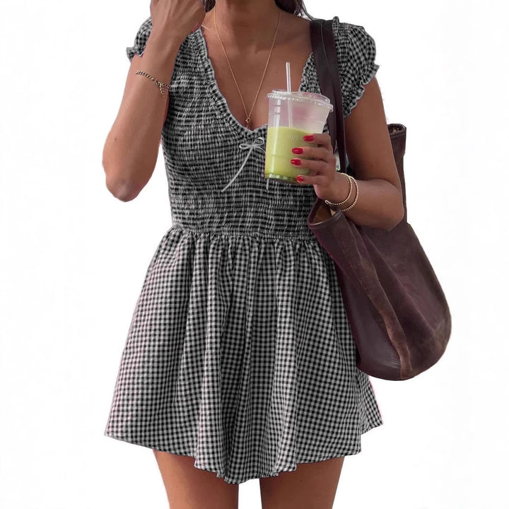 Damen Eingekräuseltes Kurzkleid mit V-Ausschnitt und Rüschendetails Drune