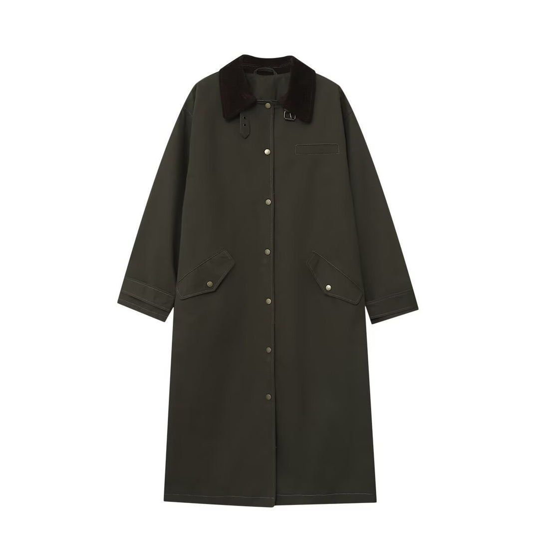 Damen Langer wasserdichter Oversize-Mantel mit Cordkragen, Druckknopfleiste und Pattentaschen Drune