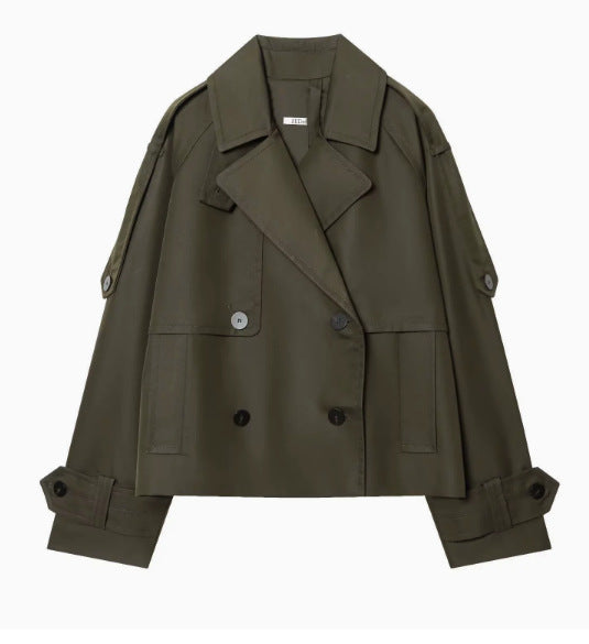 Damen 300+ kurzer doppeltreihiger Cropped‑Trenchcoat mit Epauletten und verstellbaren Manschetten Drune