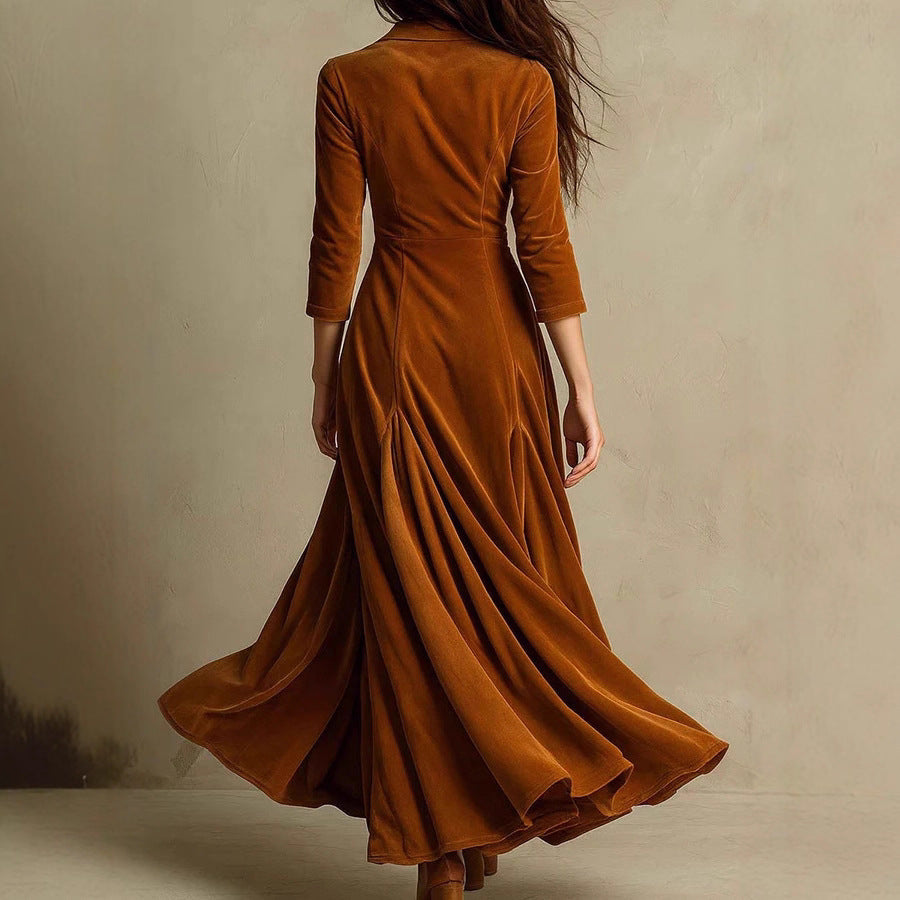 Damen Samt-Midaxi-Kleid mit tailliertem Sakko-Oberteil, V-Ausschnitt und weitem Stufenrock Drune