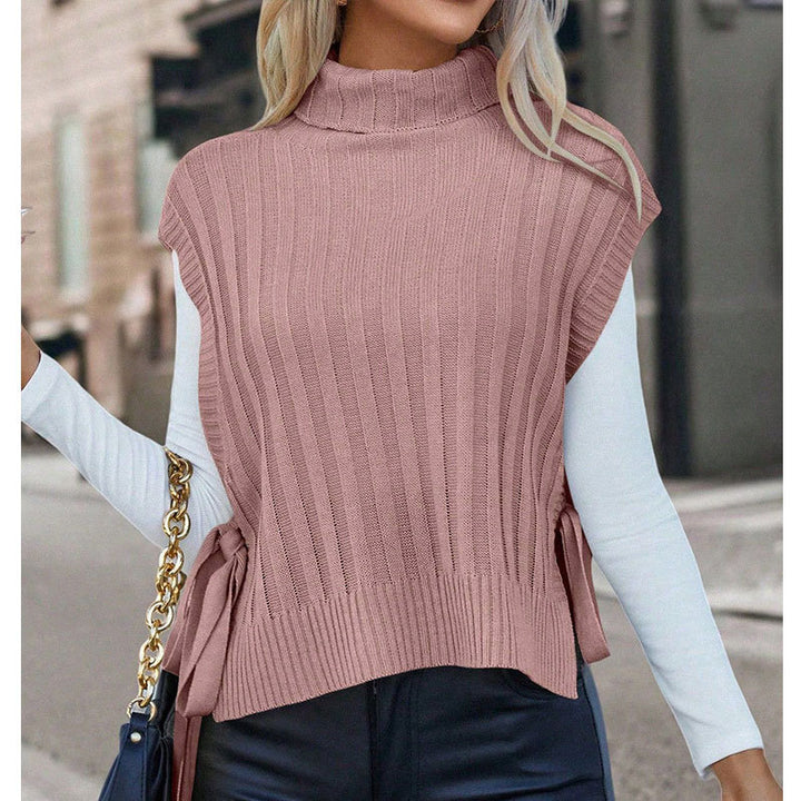 Damen Kurzarm Strick-Oberteil mit rollkragen und Schleifendetails Drune