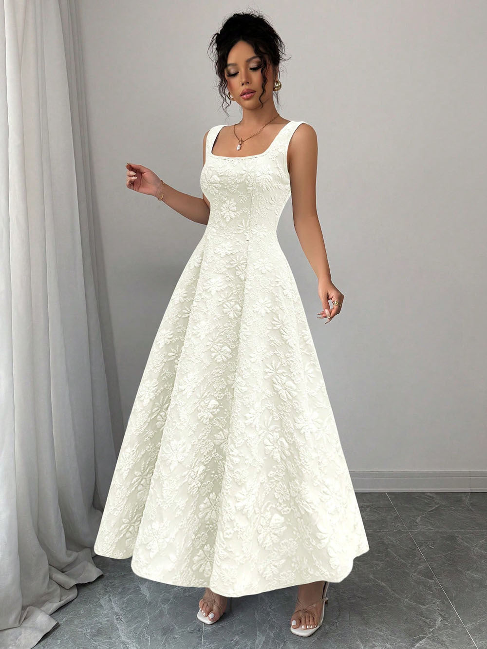 Damen Elegantes Maxikleid mit floralem Design und Quadrat-Ausschnitt Drune