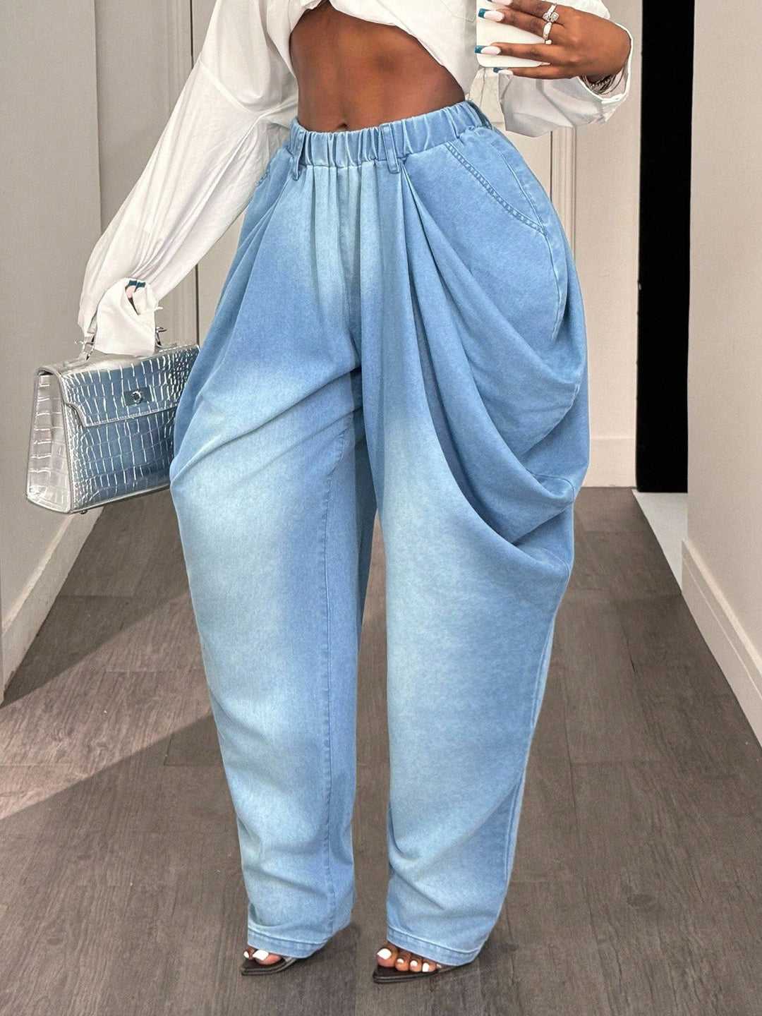 Damen lässige Baggy-Jeans mit hohem Taillenbund und praktischen Seitentaschen Drune