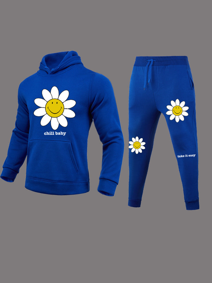Damen Freizeit Hoodie und Jogginghose Set mit fröhlichem Blumenmotiv Drune
