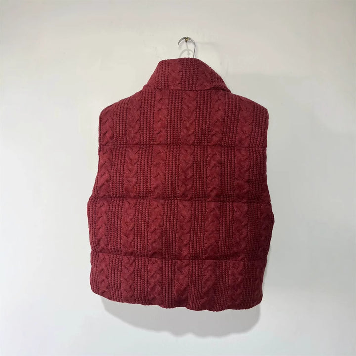 Damen nan gesteppte Strickweste mit Zopfmuster, Stehkragen und Reißverschluss Drune