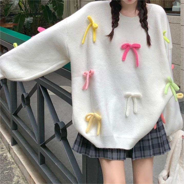 Damen gemütlicher Pullover mit verspielten Schleifen-Applikationen Drune