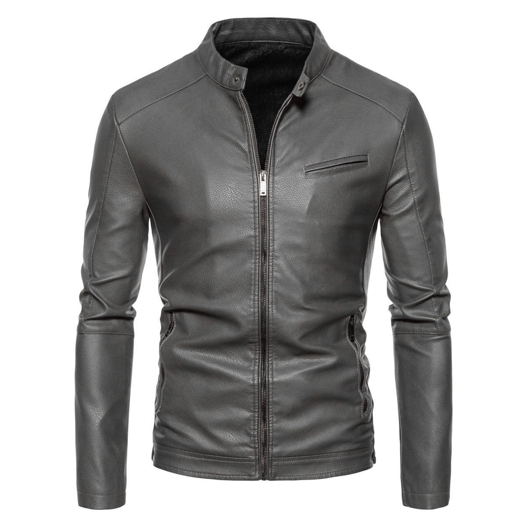 Herren Schmale Kunstleder-Bikerjacke mit Stehkragen, Innenfutter aus Kunstfell und Reißverschlusstaschen Drune