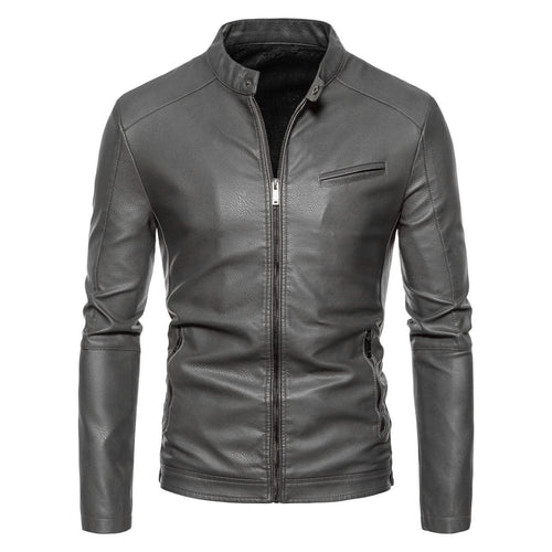 Herren Schmale Kunstleder-Bikerjacke mit Stehkragen, Innenfutter aus Kunstfell und Reißverschlusstaschen Drune