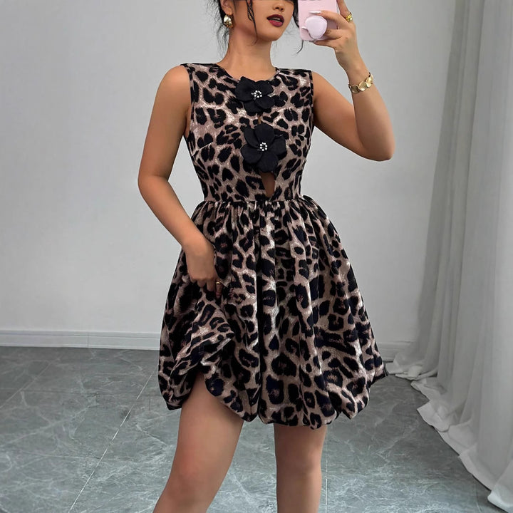 Damen nan kurzes Partykleid mit Leopardenmuster, floralen Applikationen und tailliertem Ballonrock Drune