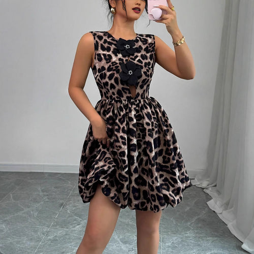 Damen nan kurzes Partykleid mit Leopardenmuster, floralen Applikationen und tailliertem Ballonrock Drune