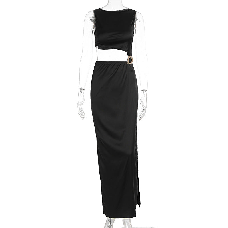 Damen Maxi-Kleid mit asymmetrischem Oberteil und stilvollem Gürtel Drune