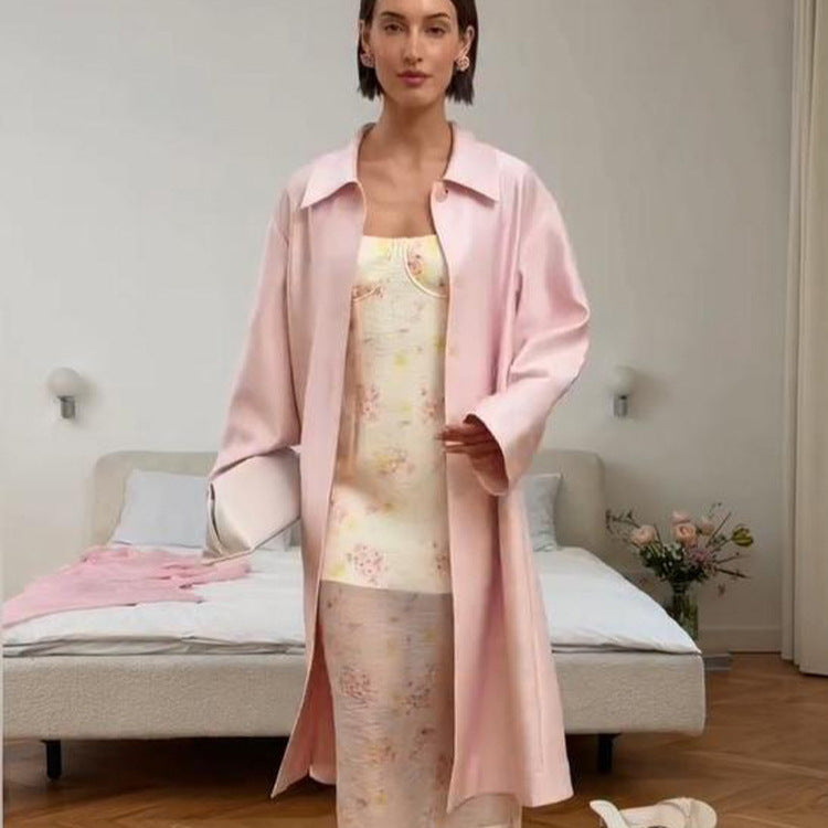Damen leichter satinähnlicher Longmantel im Oversize-Schnitt mit weitem Revers Drune