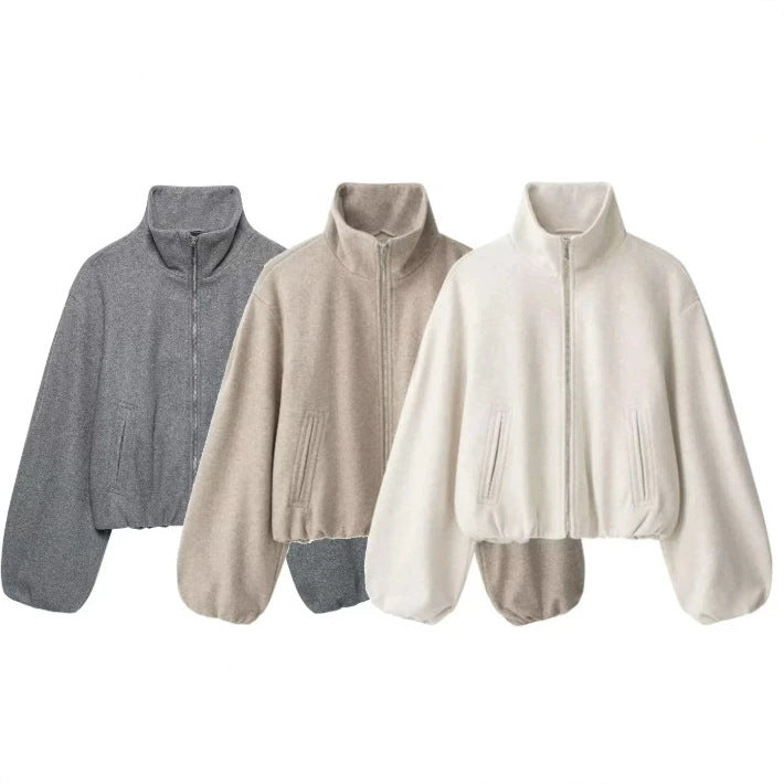 Damen Kurz geschnittene Bouclé‑Blousonjacke mit Stehkragen, elastischem Saum und Ballonärmeln Drune
