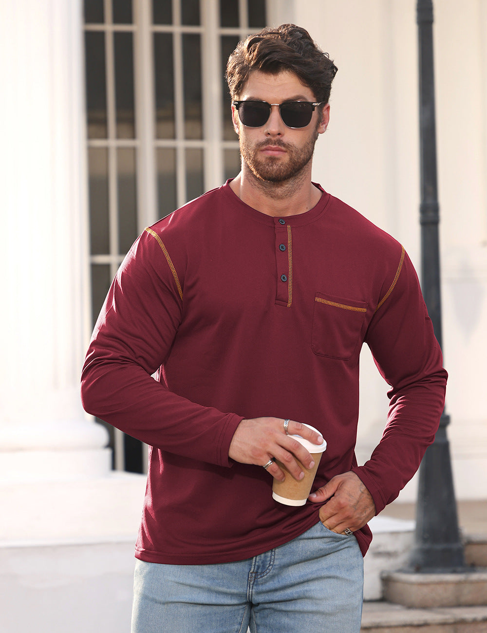 Herren nan Langarmshirt mit kurzer Knopfleiste Brusttasche und kontrastierenden Ziernähten Drune