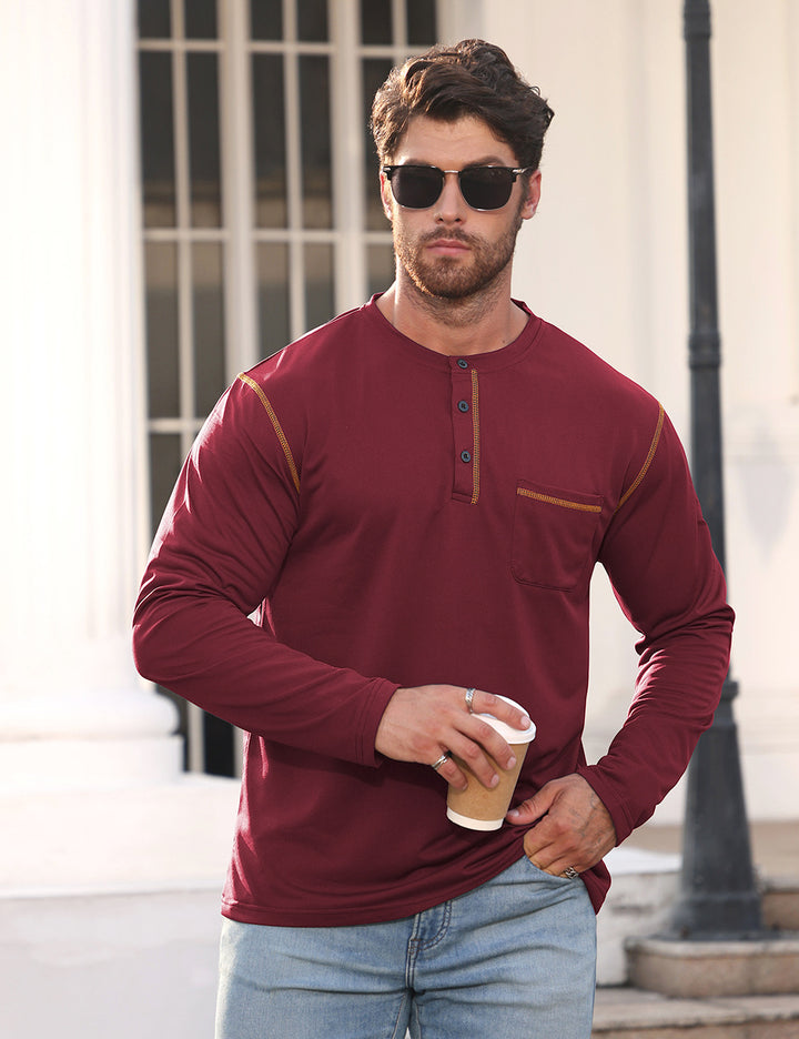 Herren nan Langarmshirt mit kurzer Knopfleiste Brusttasche und kontrastierenden Ziernähten Drune