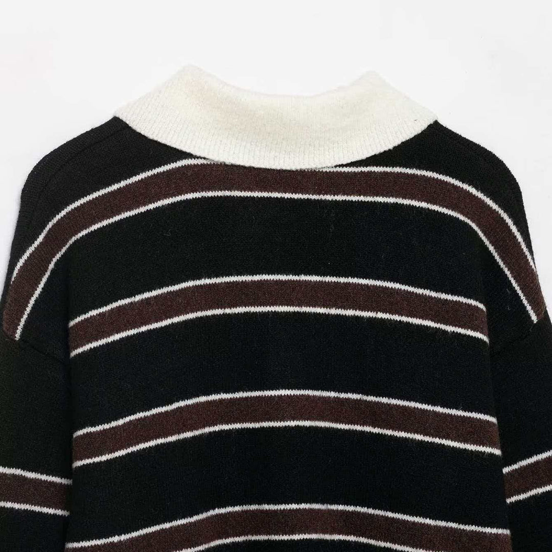 Damen lässiger Strickpullover mit Kragen und Knopfleiste Drune