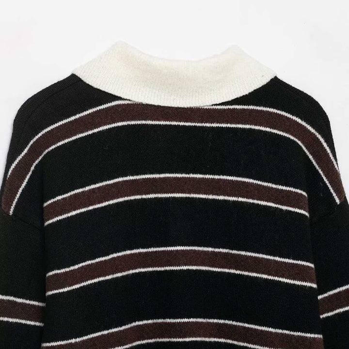 Damen lässiger Strickpullover mit Kragen und Knopfleiste Drune