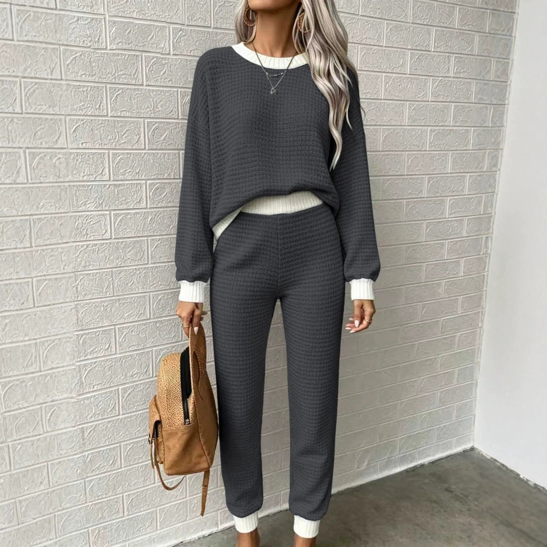 Damen Waffelstrick-Komfort-Set mit hochtaillierter Slim-Jogginghose und Oversize-Pullover Drune