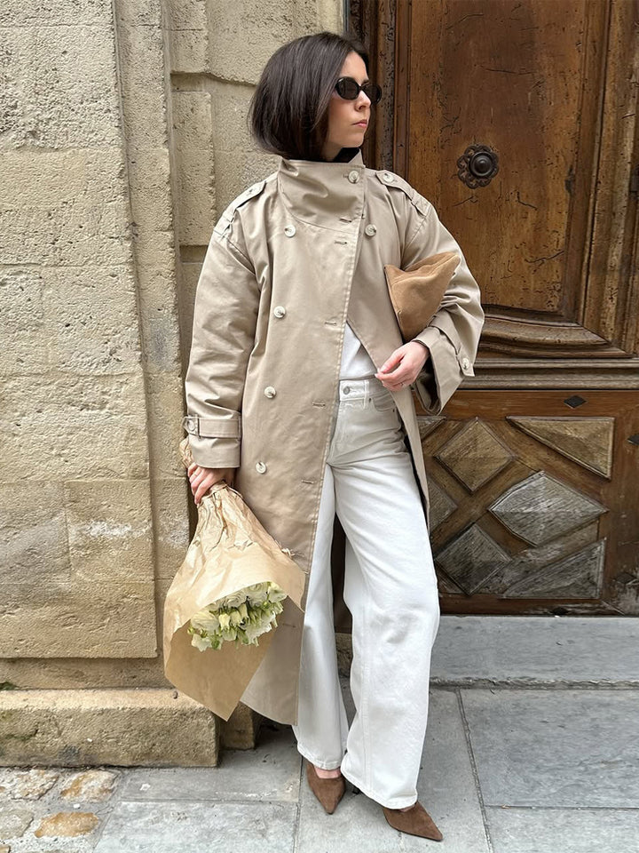 Damen Maxi-Trenchcoat mit hohem Stehkragen, doppelreihiger Knopfleiste & Taillengürtel Drune