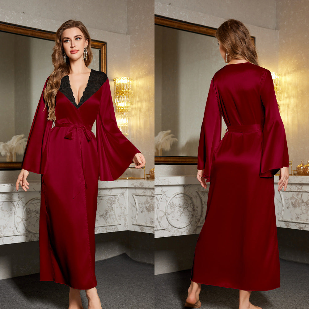 Damen Satin Kimono-Robe mit eleganten Spitzenverzierungen und weitem Schnitt Drune
