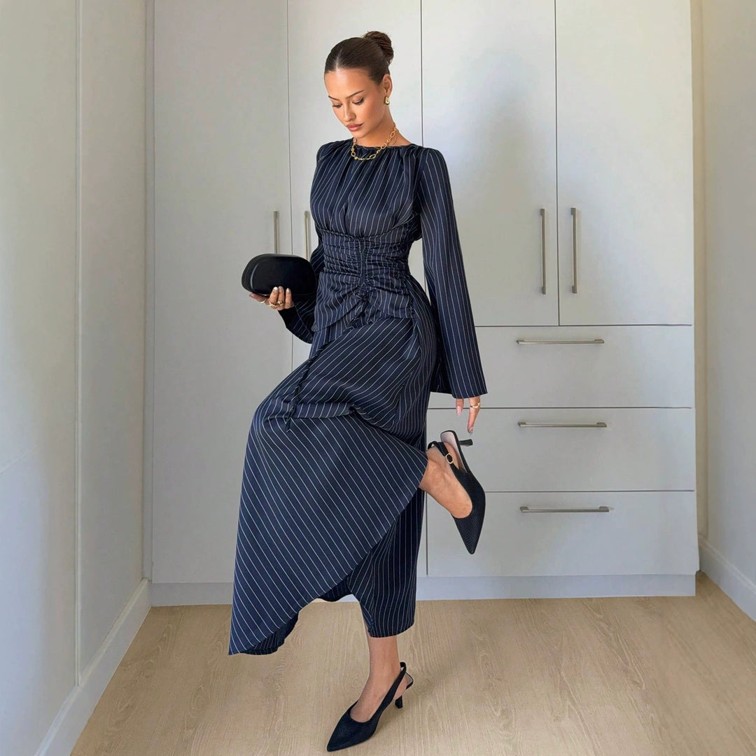 Damen Maxikleid mit geraffter Taillen-Schnürung, weiten Ärmeln und fließendem Rock Drune