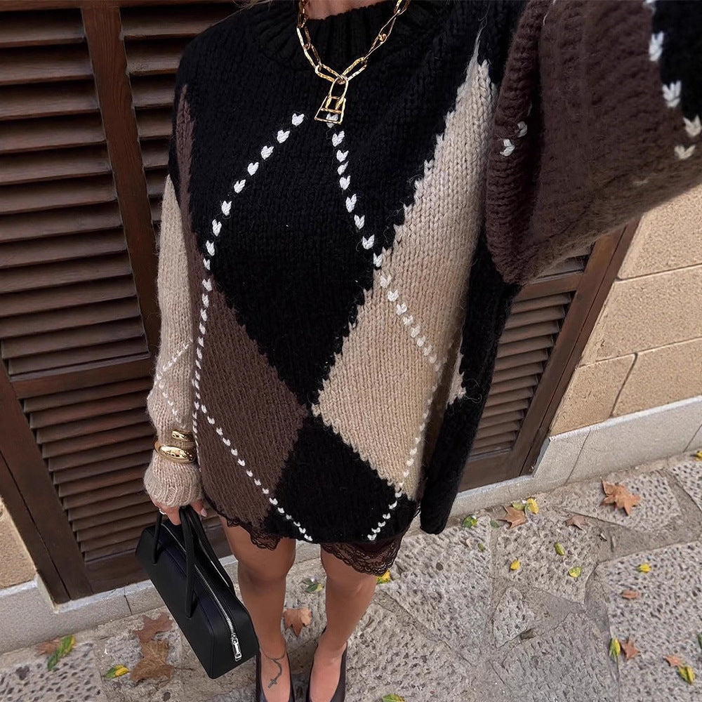 Damen Grobgestrickter Oversize-Pullover mit Rautenstrickmuster Drune