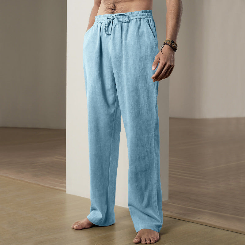 Herren nan weiche Leinen-Baumwoll Loungehose mit elastischem Tunnelzugbund, Seitentaschen und entspanntem geradem Bein Drune