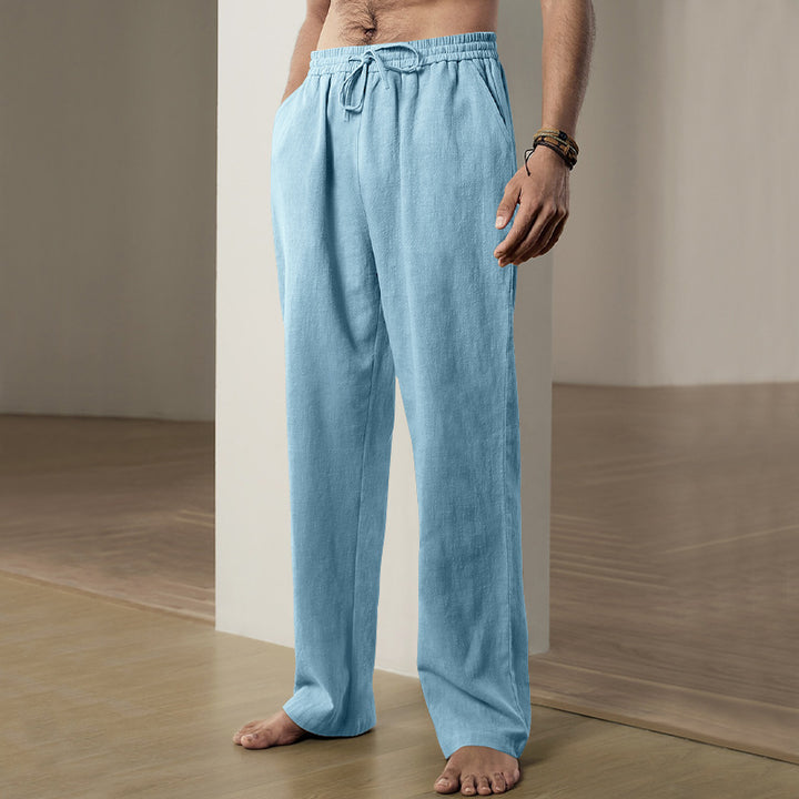 Herren nan weiche Leinen-Baumwoll Loungehose mit elastischem Tunnelzugbund, Seitentaschen und entspanntem geradem Bein Drune