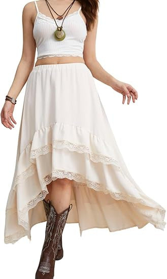 Damen Boho Maxi-Rock mit asymmetrischem Saum und Spitzenverzierungen Drune
