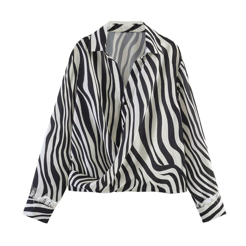 Damen Oversize-Satinbluse mit Hemdkragen, asymmetrischem Wickeleffekt und Federsaum Drune