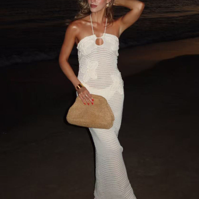 Damen Häkel-Maxikleid mit tiefem Keyhole-Ausschnitt und elegantem Design Drune