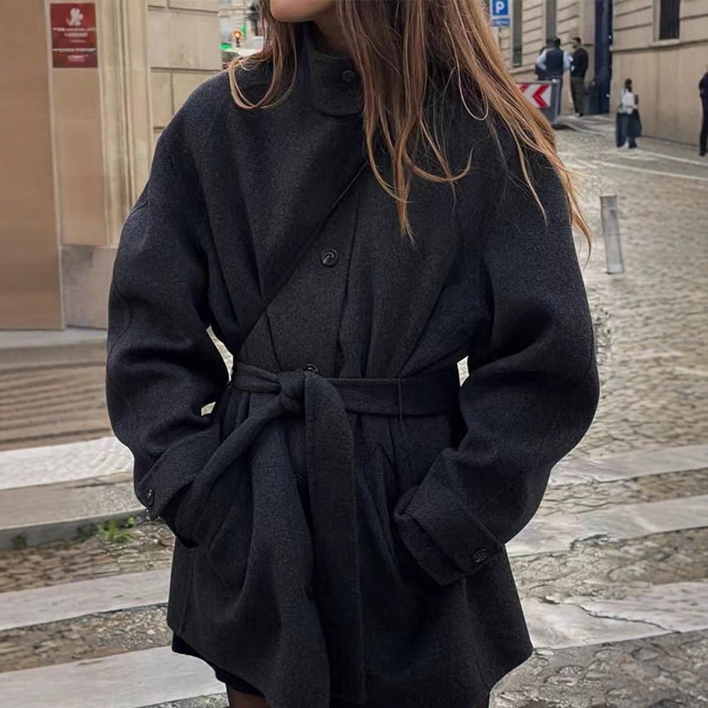 Damen Modische Wolljacke mit taillierbarem Gürtel und steigendem Kragen Drune