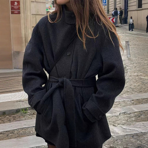 Damen Modische Wolljacke mit taillierbarem Gürtel und steigendem Kragen Drune