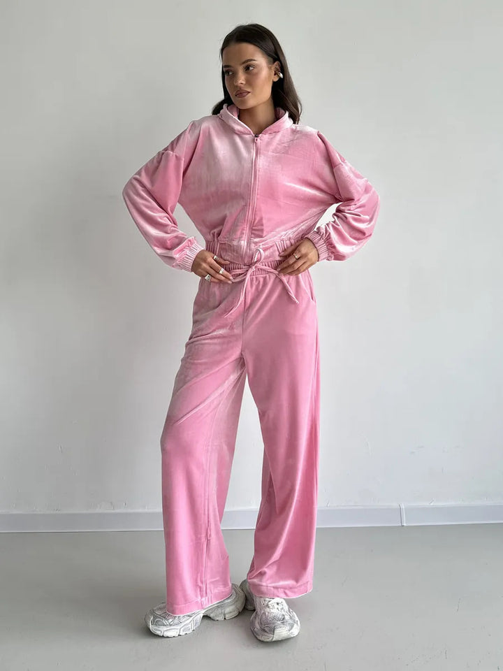 Damen weiches Velours-Lounge-Set mit kurzer Reißverschluss-Kapuzenjacke und weiter High-Waist-Hose Drune