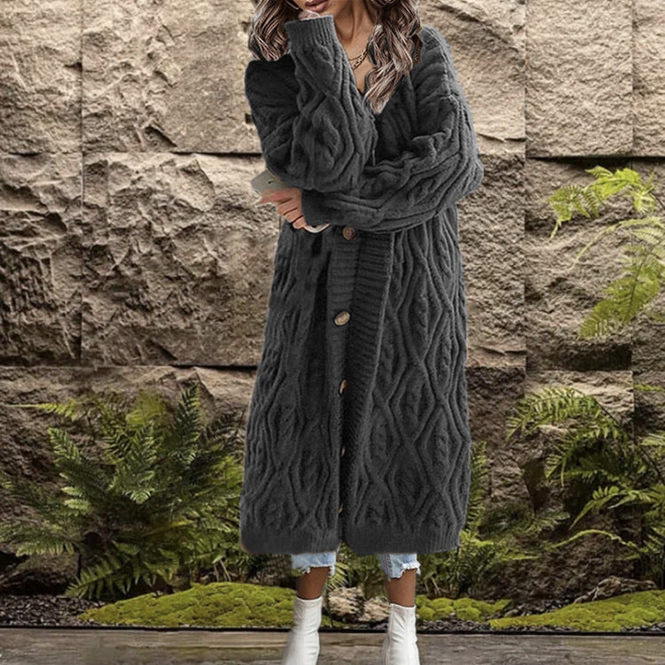 Damen Großer Strickmantel mit geometrischem Zopfdesign und praktischen Knöpfen Drune