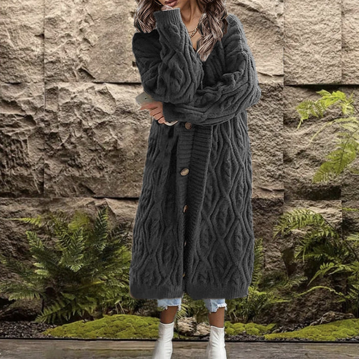 Damen Großer Strickmantel mit geometrischem Zopfdesign und praktischen Knöpfen Drune