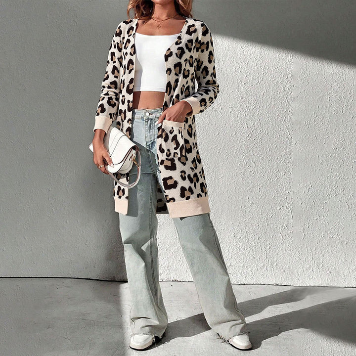 Damen Cardigan mit Leopardenmuster und praktischem Taschen Drune