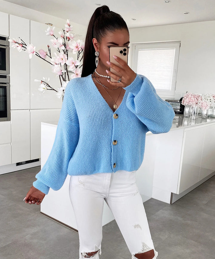 Damen kuschelige Strickjacke mit großen Knöpfen und lockeren Ärmeln Drune