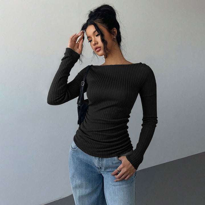 Damen schulterfreies geripptes Langarmshirt mit taillierter Raffung und figurbetontem Stretch Drune