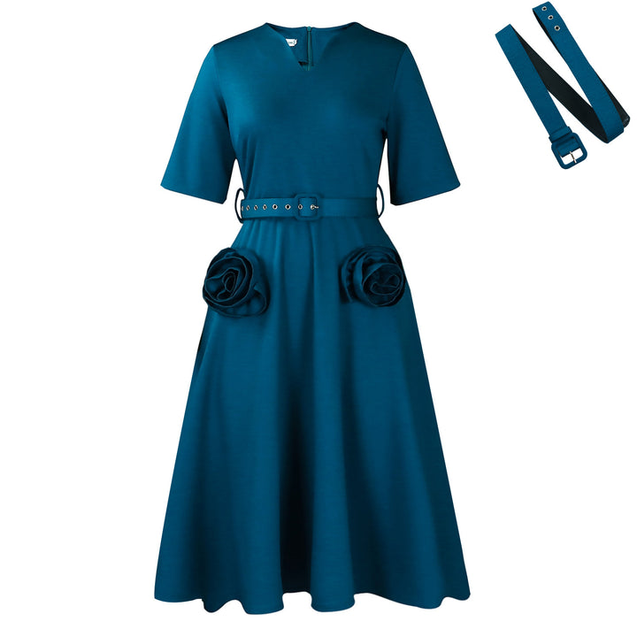 Damen elegantes Midi-Kleid mit Blumenapplikationen und Taillengürtel Drune