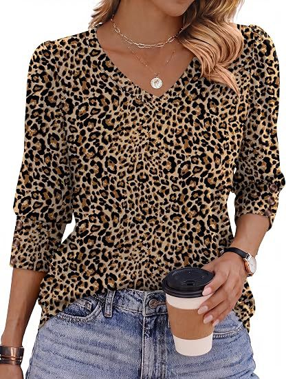 Damen Leopardenmuster V‑Neck Bluse mit 3/4-Ärmeln und geraffter Vorderpartie Drune