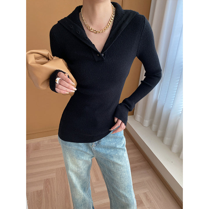 Damen lässiger Strickpullover mit tiefem V-Ausschnitt und Knopfleiste Drune