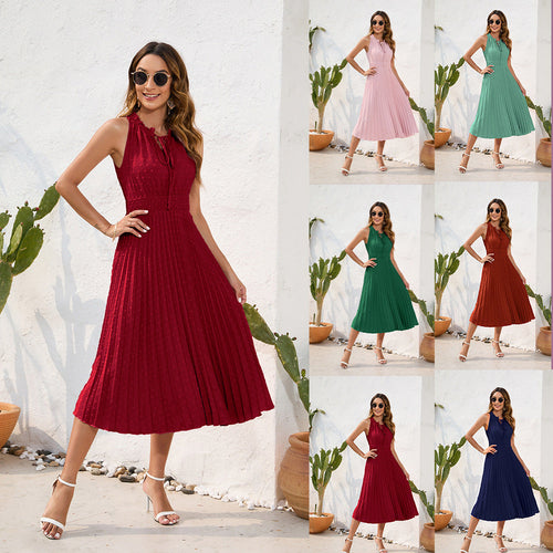 Damen Plissiertes Midikleid mit elegantem Schlitz und verstellbarem Kragen Drune