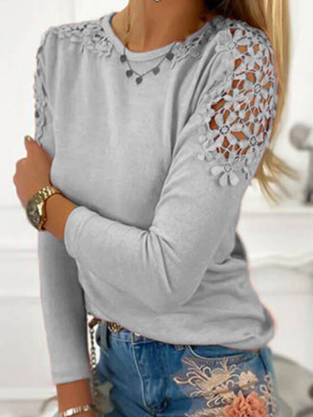 Damen nan langärmeliges Feinstrickshirt mit Häkelspitzen-Schultereinsätzen und Rundhalsausschnitt Drune