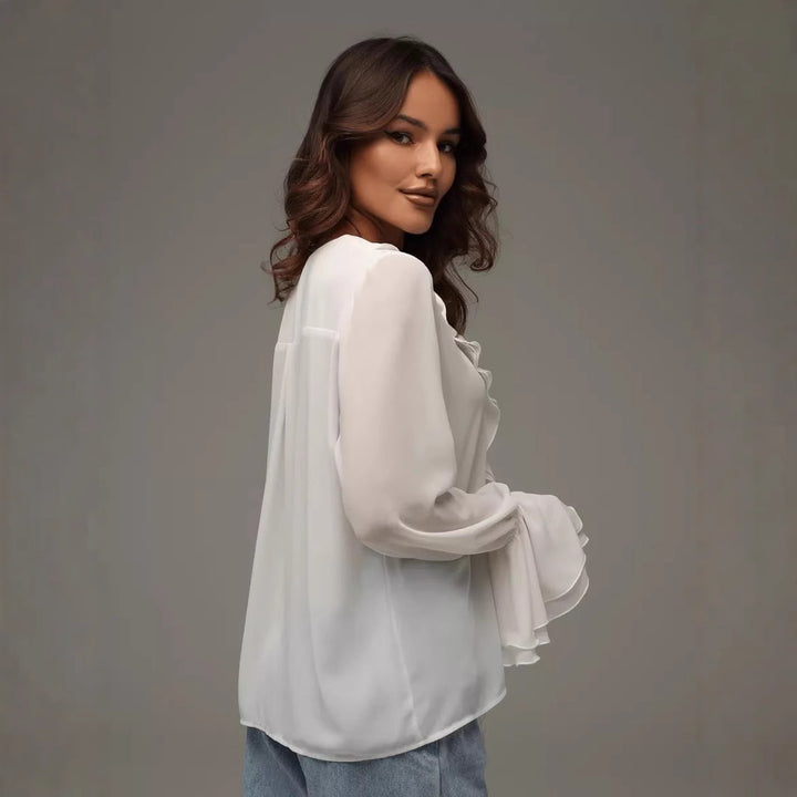 Damen leichtes Chiffon-Blusenshirt mit Rüschen und Kordelzug Drune