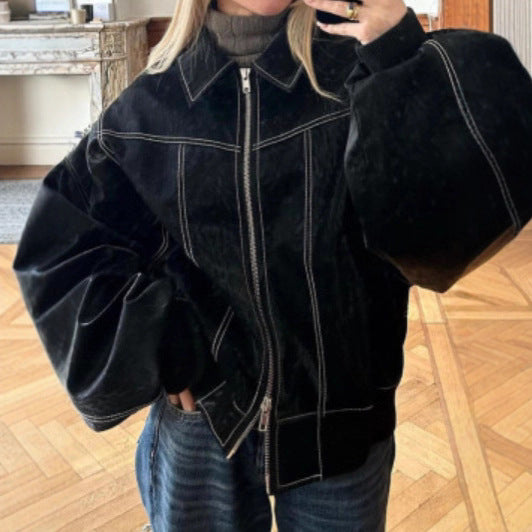 Damen moderne Kunstlederjacke im sportlichen Schnitt mit praktischen Taschen Drune
