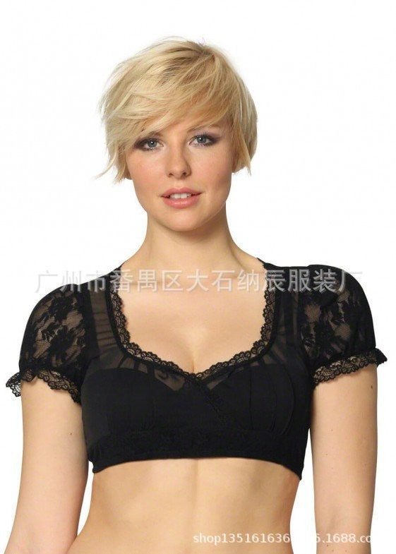 Damen  traditionelle Dirndlbluse mit feiner Spitze, tiefem Herzausschnitt und geraffter Taille Drune