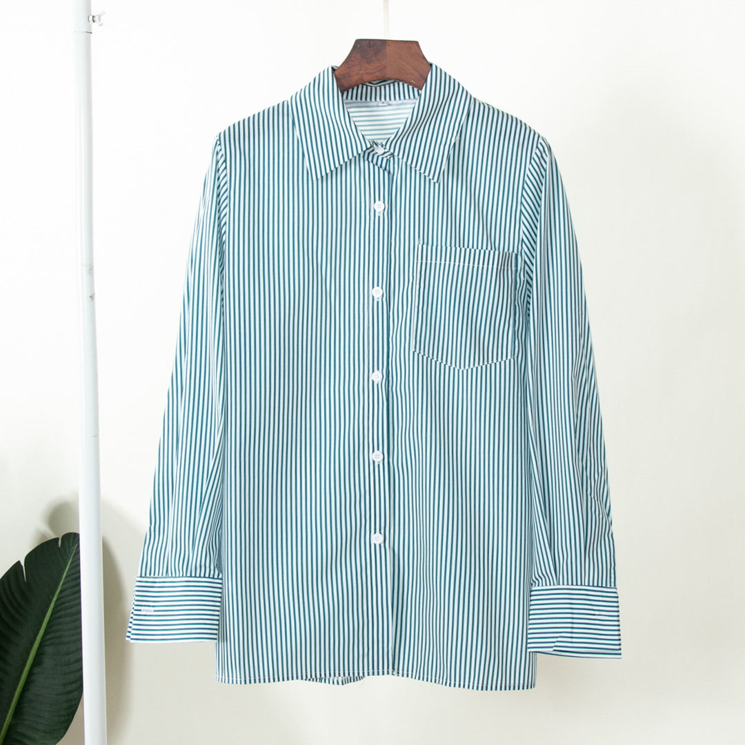 Damen Elegante, gestreifte Bluse mit klassischem Kragen und Taschen Drune