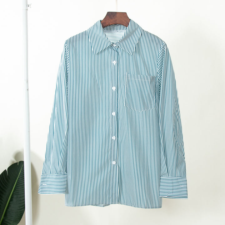 Damen Elegante, gestreifte Bluse mit klassischem Kragen und Taschen Drune
